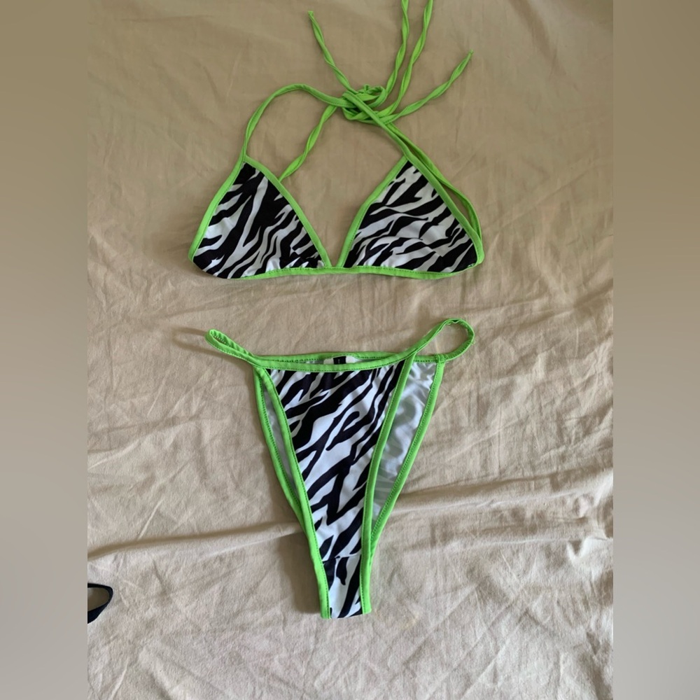 Neon green zebra animal print bikini set